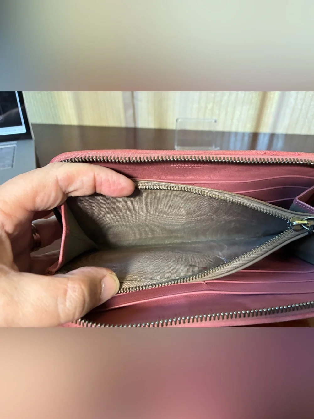 Bottega Veneta Pink and Burgundy Intrecciato Zip Wallet